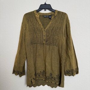 Studio West Green Embroidered Pintuck Blouse Sz M Goblincore Forest Fairy Boho